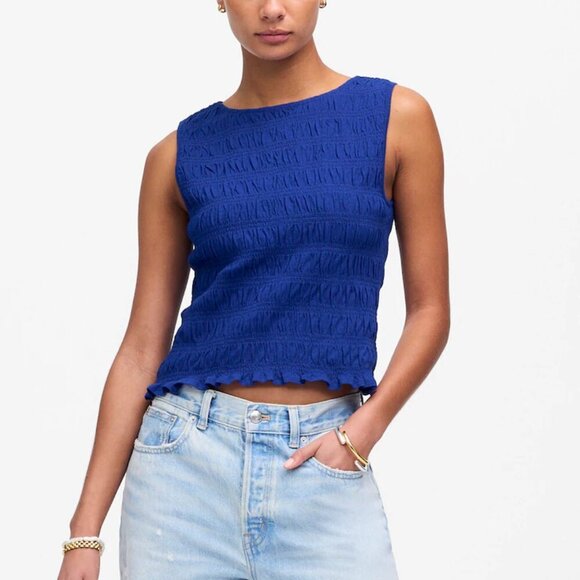 Madewell Tops - Madewell Smocked Cotton Linen Blend Ruffle Hem Boatneck Tank Blue Size S NWT